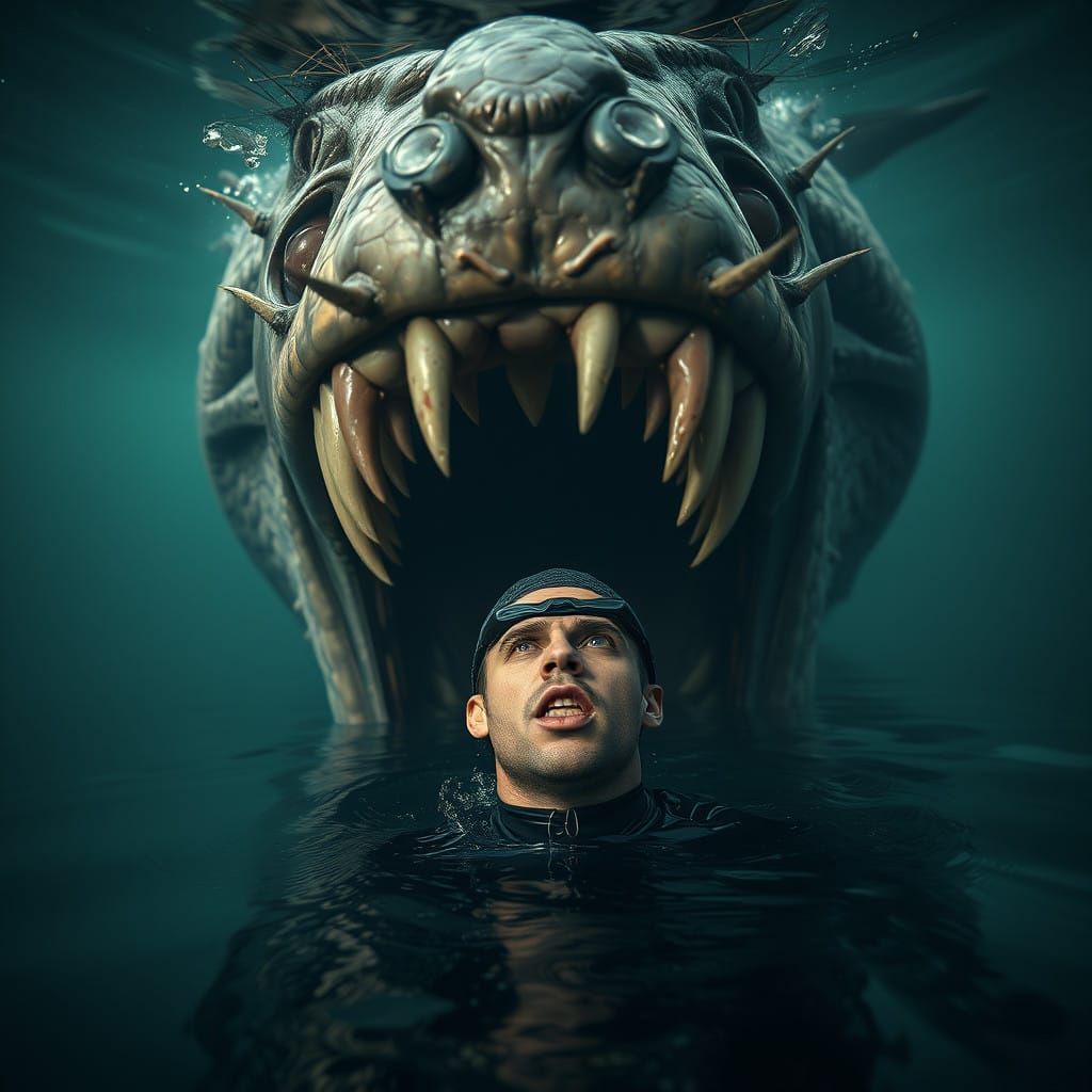 Eldritch Horror Underwater Nightmare Scene in Cyberpunk Real...