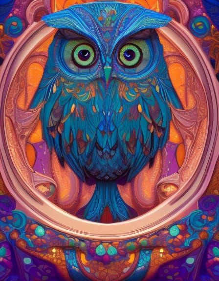 Cute Blue Owl with Fractal Flowers in Pixel Art