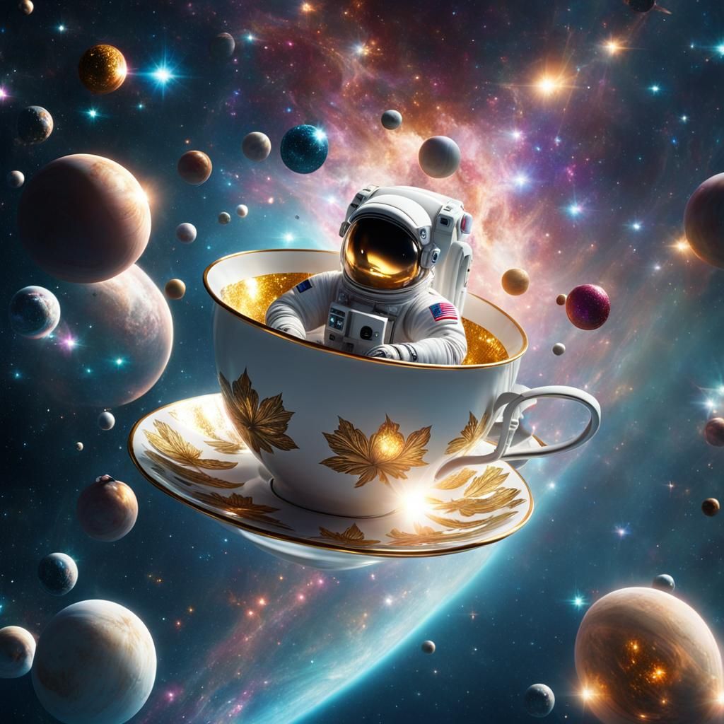 Sparkly Astronaut in Teacup Floating in Space