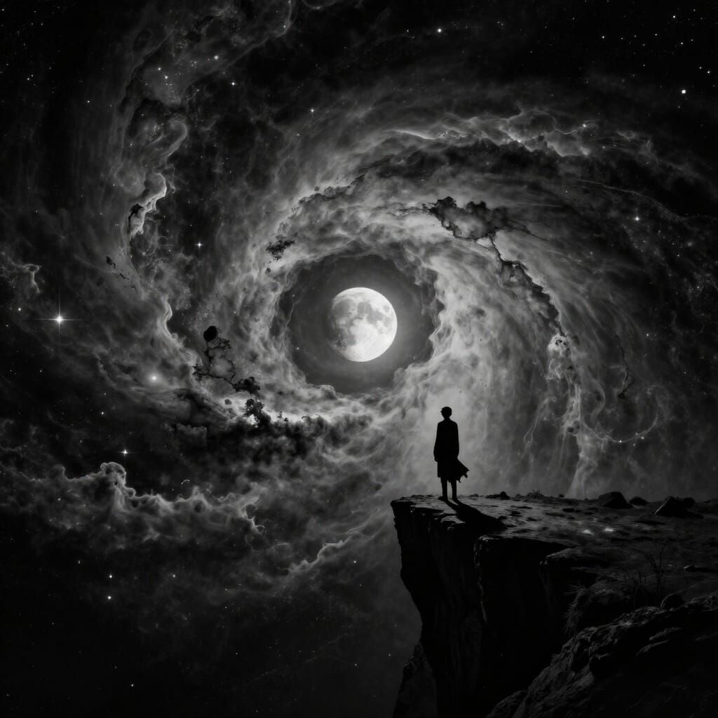 Cosmic Landscape with Lone Figure Under Dramatic Moon
