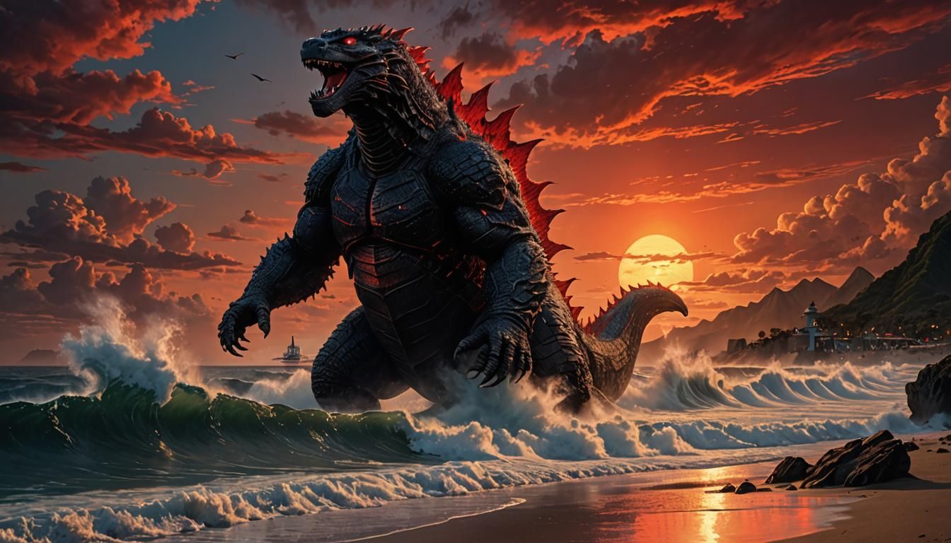 Godzilla Emerges at Sunset: Hyperrealistic Kaiju Art