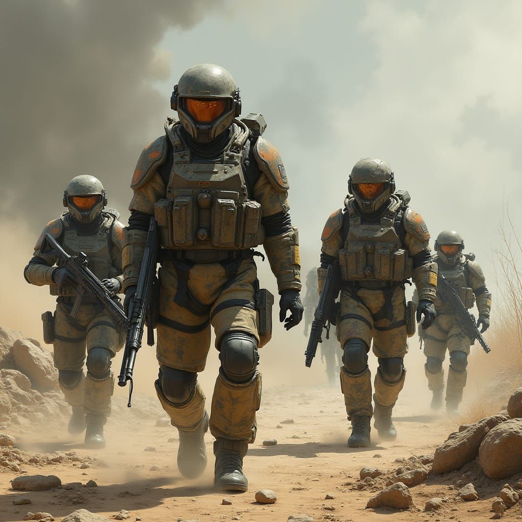 Armored Soldiers in War-Torn Dystopian Landscape