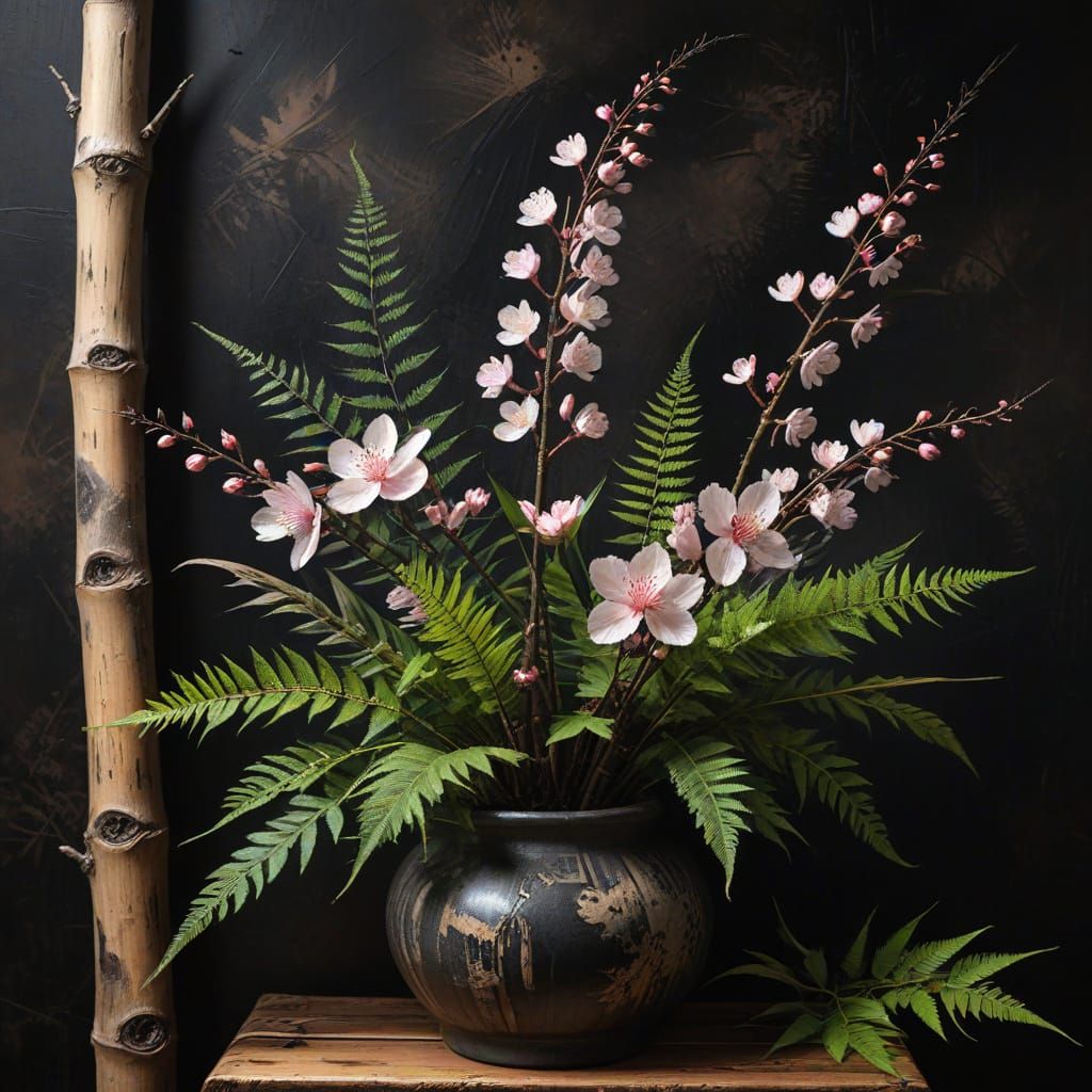 Detailed Charcoal Drawing of Ikebana Arrangement