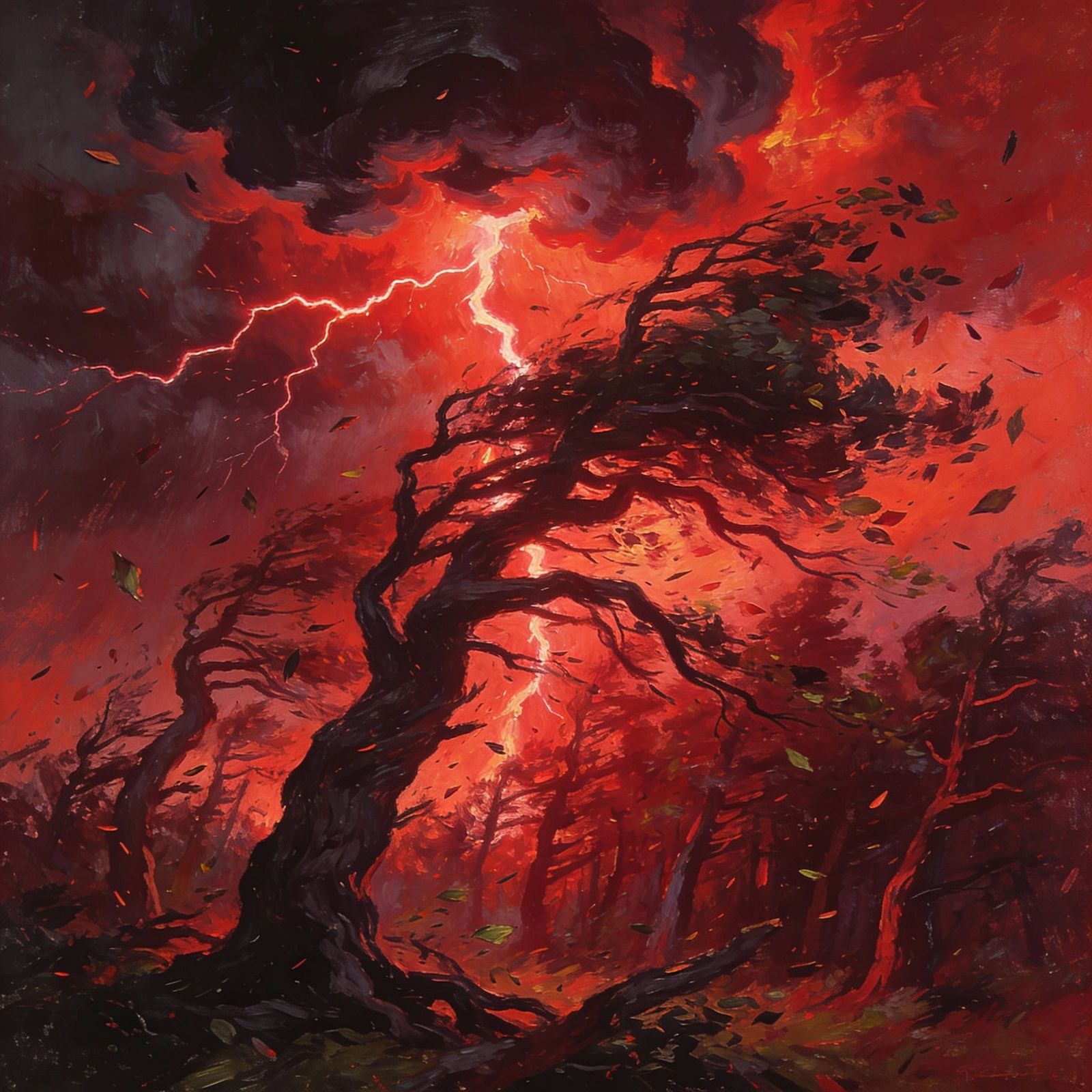 Expressionist Forest Storm in Intense Red Palette