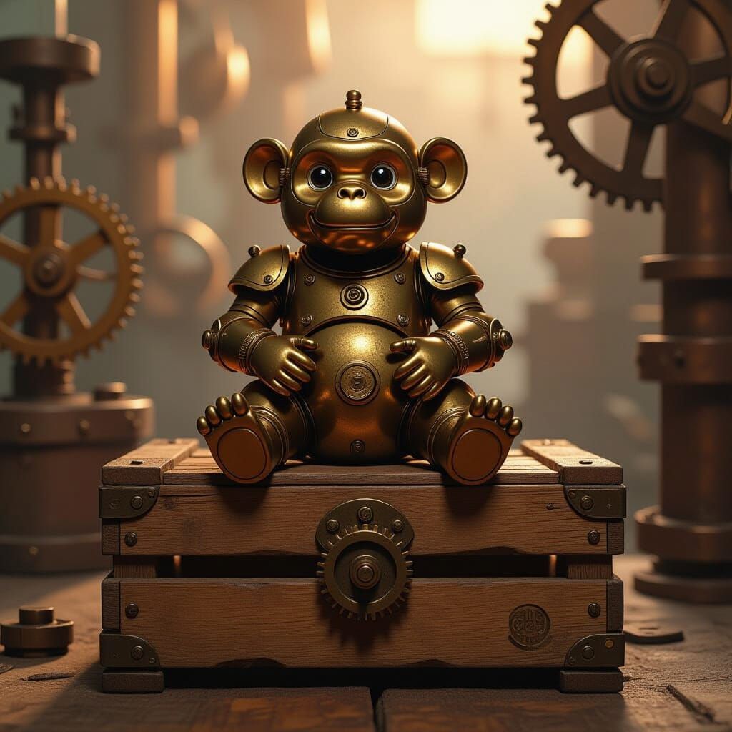 Steampunk Brass Monkey on Vintage Crate