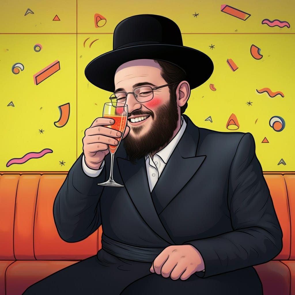 An ultra-Orthodox Jew, happy and handsome, raising a glass of drink to his cheeks, the background is a fluorescent yello...