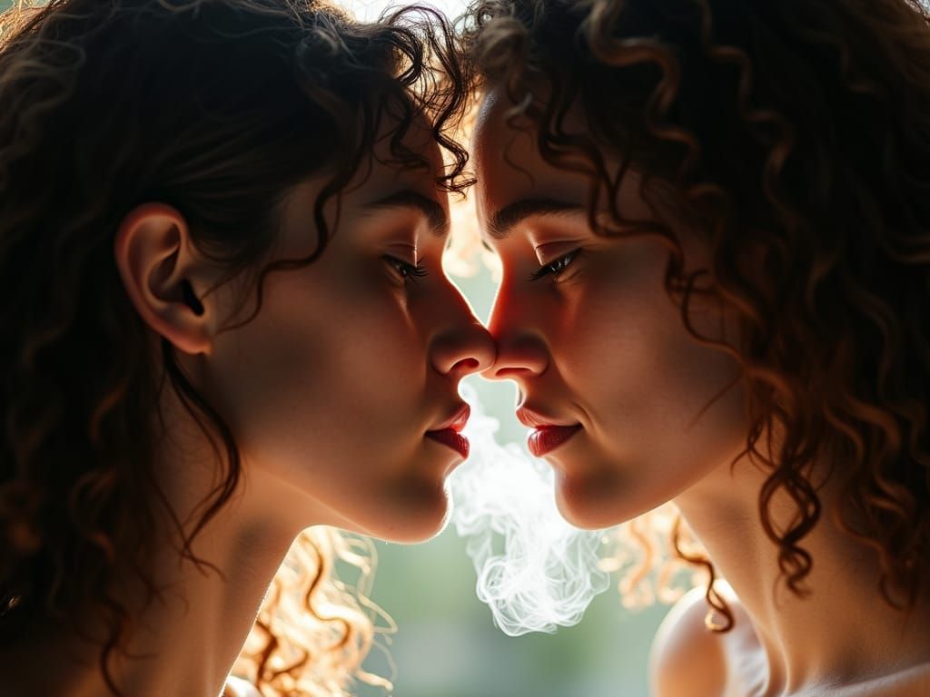 Lesbian Couple's Tender Kiss with Smoke, Photorealistic Styl...