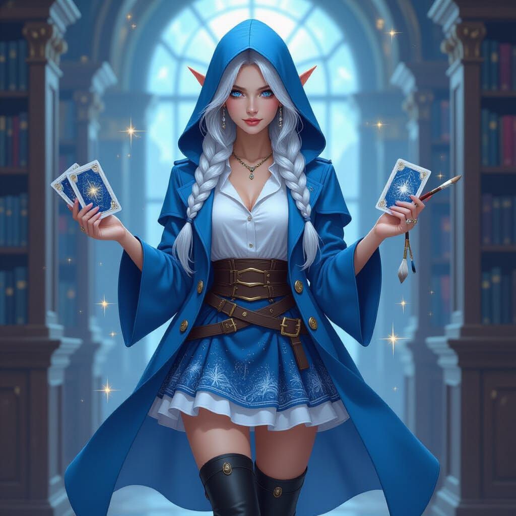 Celestial Elf Woman with Silver Hair and Tarot Cards