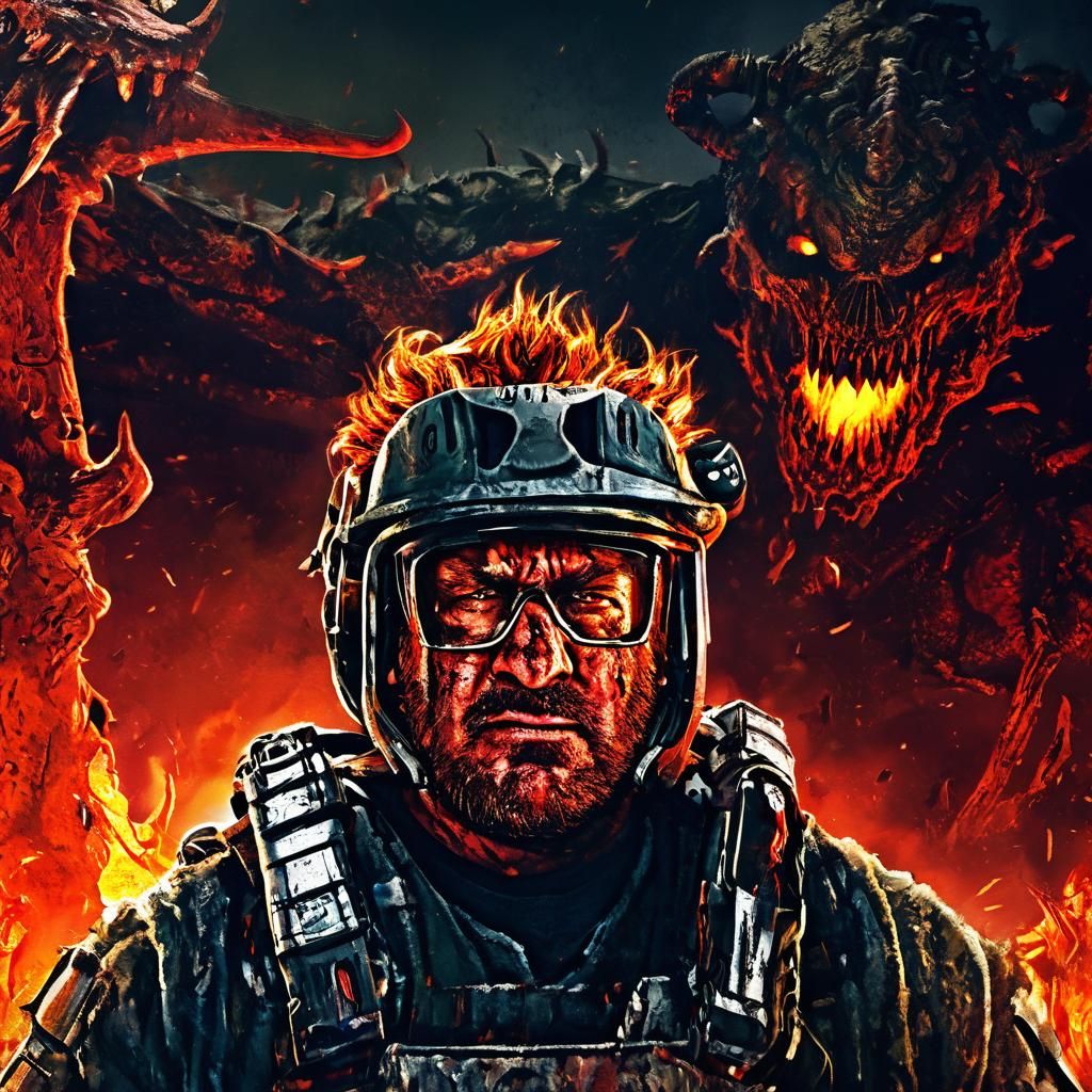 Doom-Slayer in Hellish Landscape: Dark Fantasy Horror Art