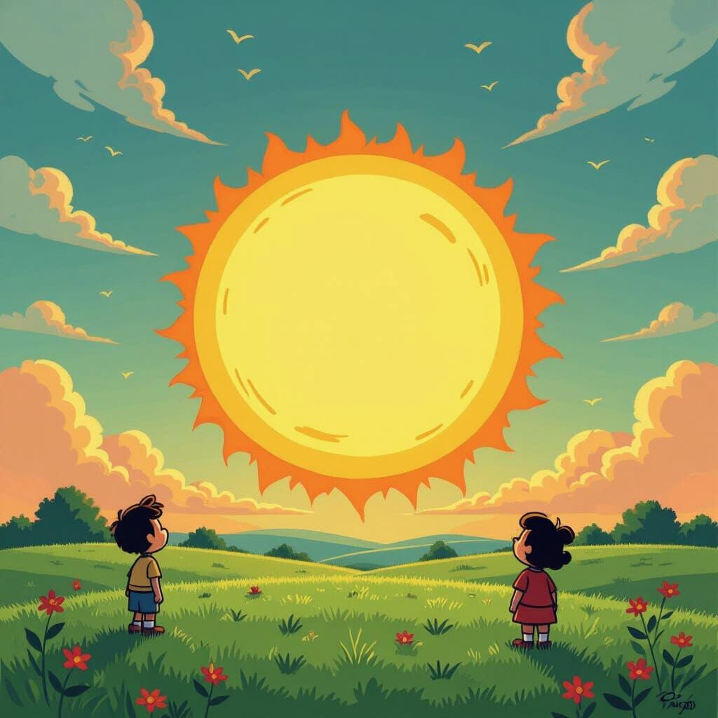 Animated Sun Rises Over Green Horizon in Classic Cartoon Sty...