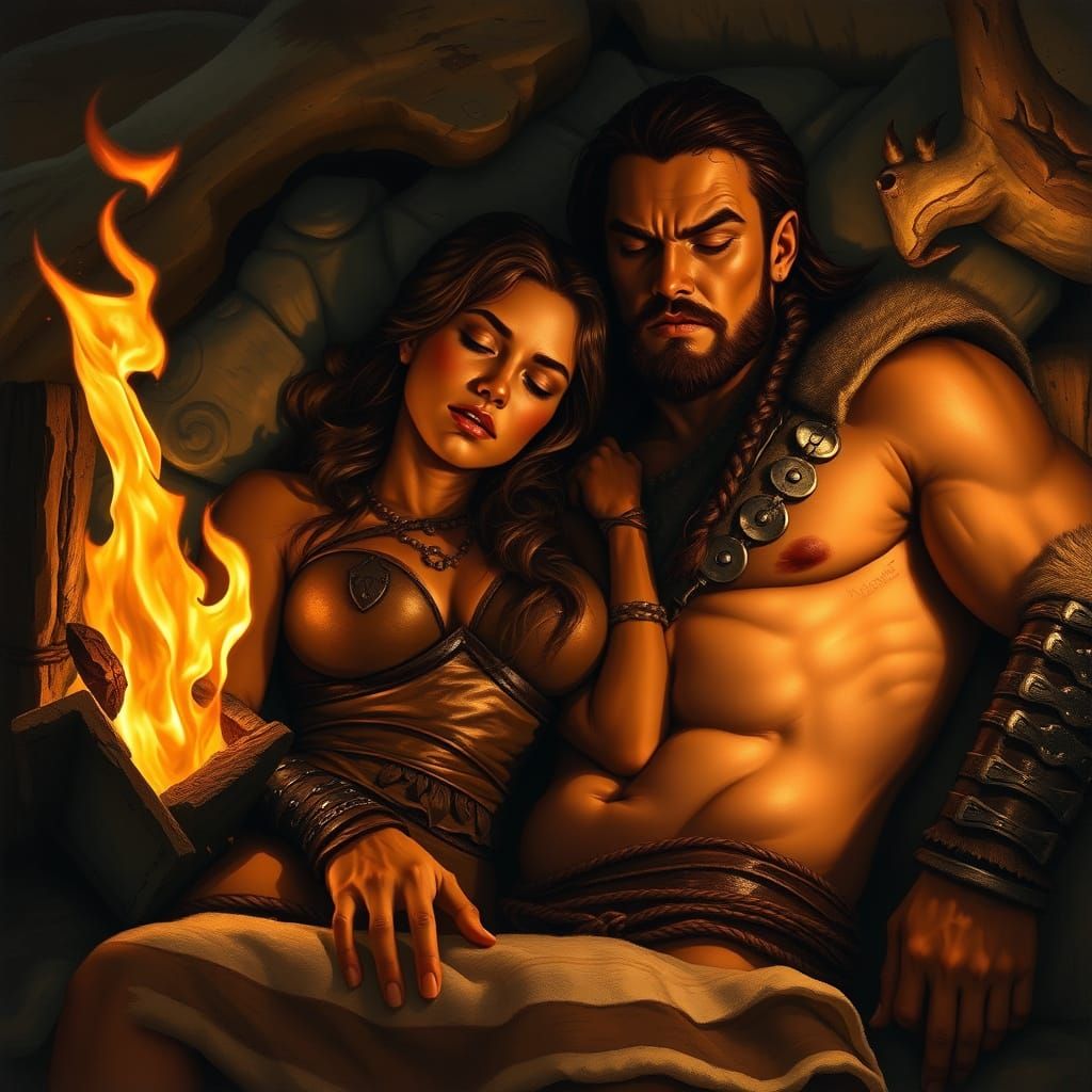 Barbarian Warrior Rests by Firelight