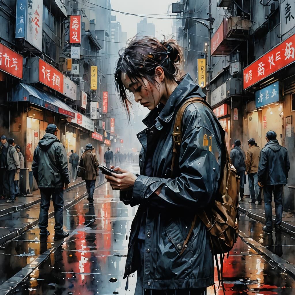 Post-Apocalyptic Tokyo Street Scene in Watercolor