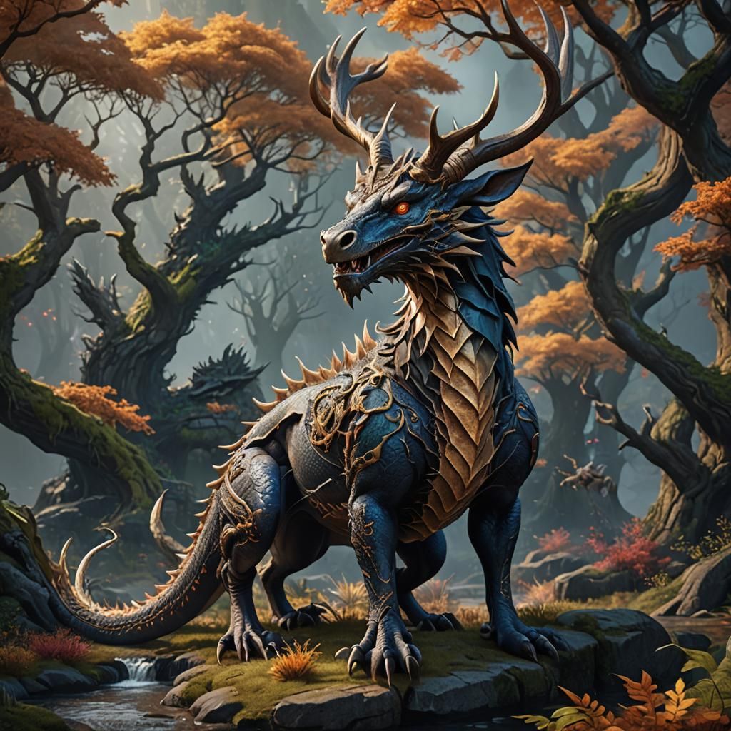 Fantastical Dragon-Deer Hybrid in Detailed Digital Painting