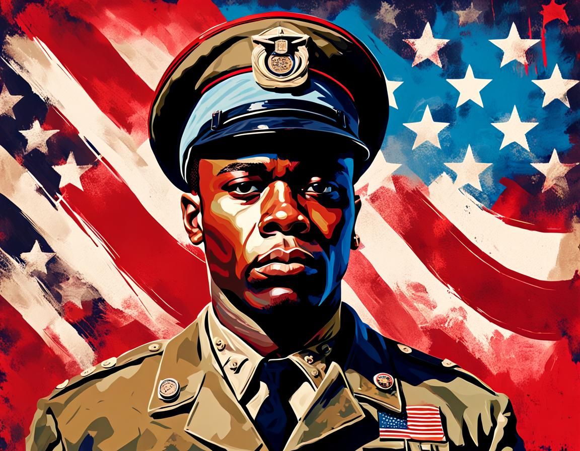 Patriotic Portrait of Soldier with Abstract Flag