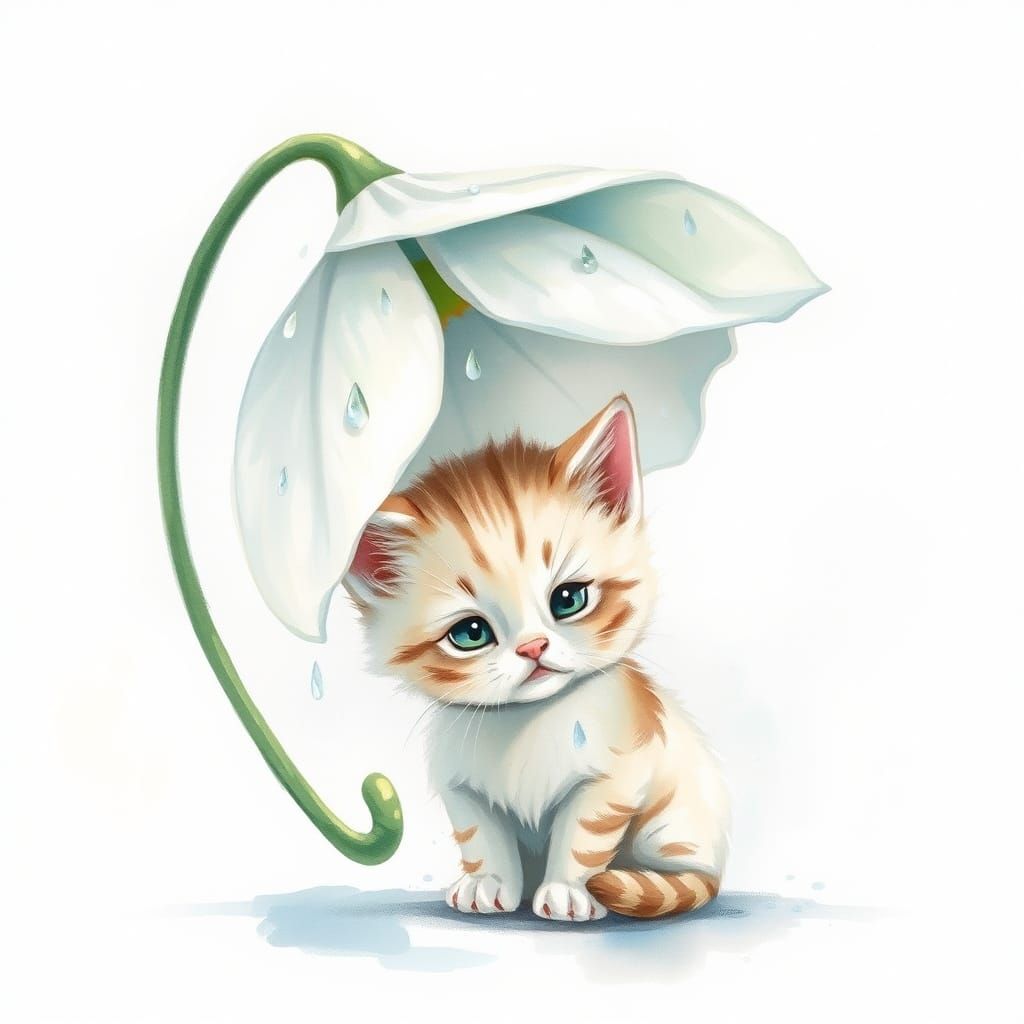 Kitty in Whimsical Rainy Garden Scene