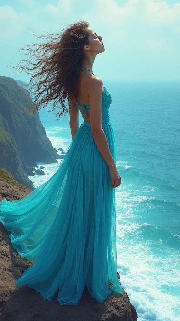 Serene Woman on Cliff in Dreamy Watercolor Style