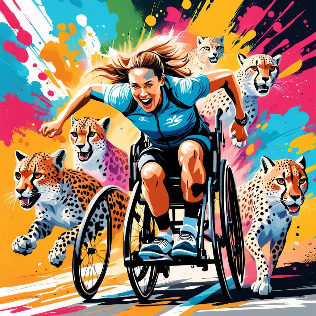 Paralympic Victory: Woman and Cheetahs in Graffiti Art
