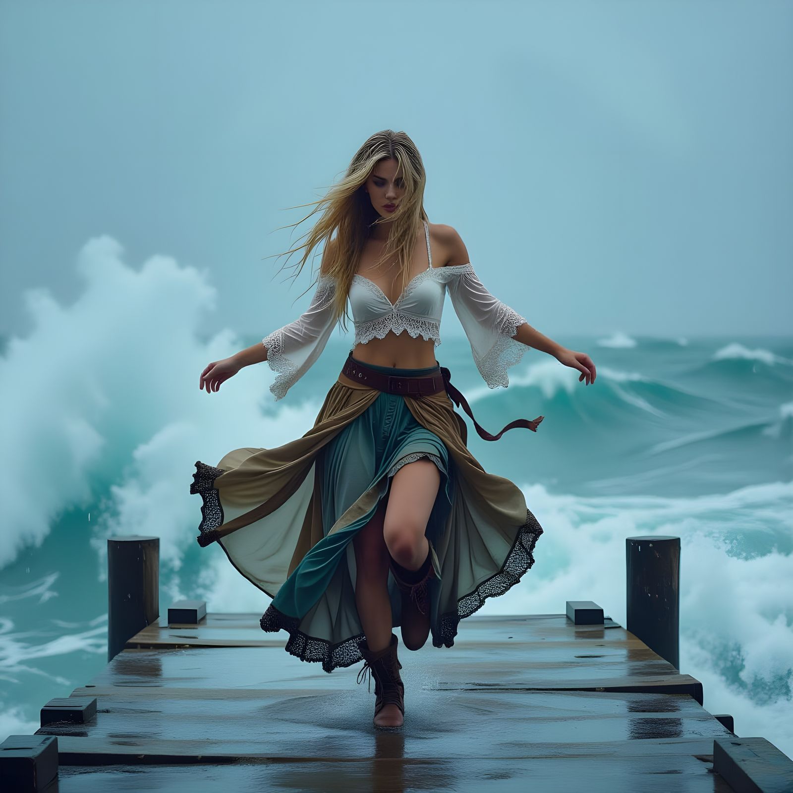 Bohemian Girl Dancing in Torrential Rain