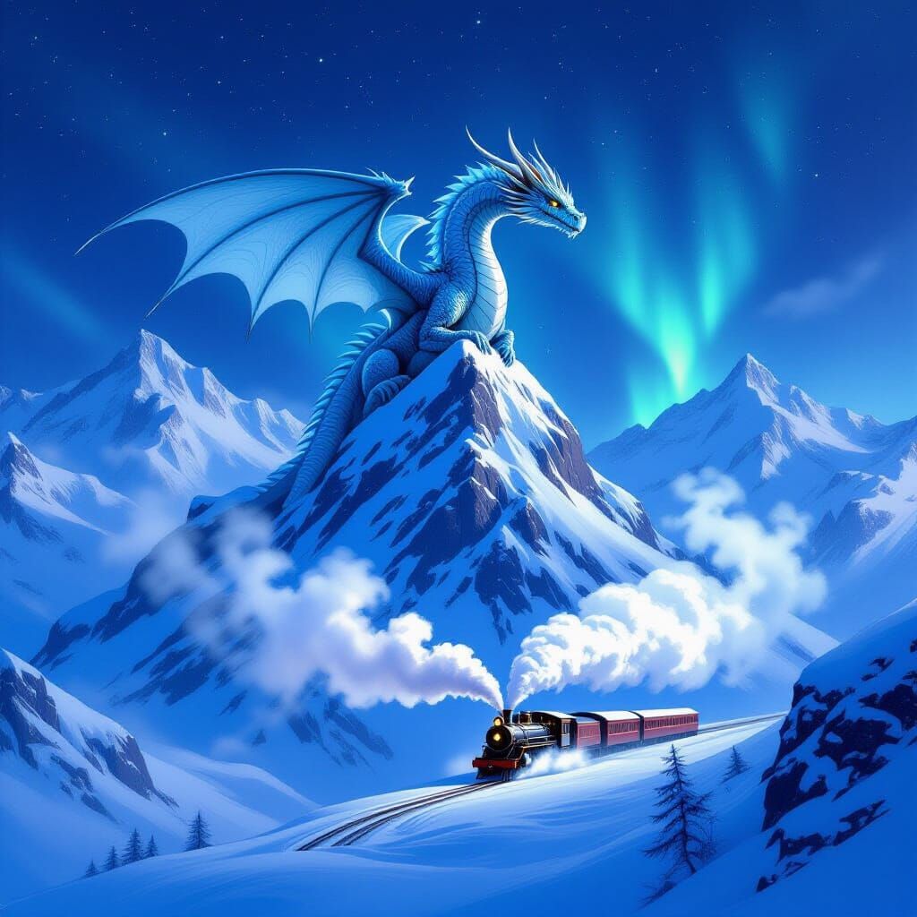 Majestic Dragon on Snowy Peak with Vintage Train