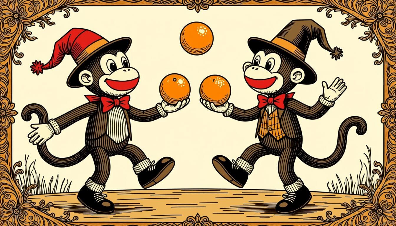 Sock Monkey and Drinky Crow Juggling Oranges