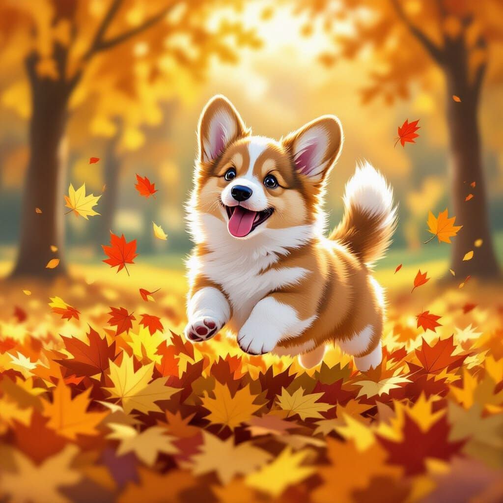 Fluffy Corgi Puppy Leaps Into Autumn Leaves