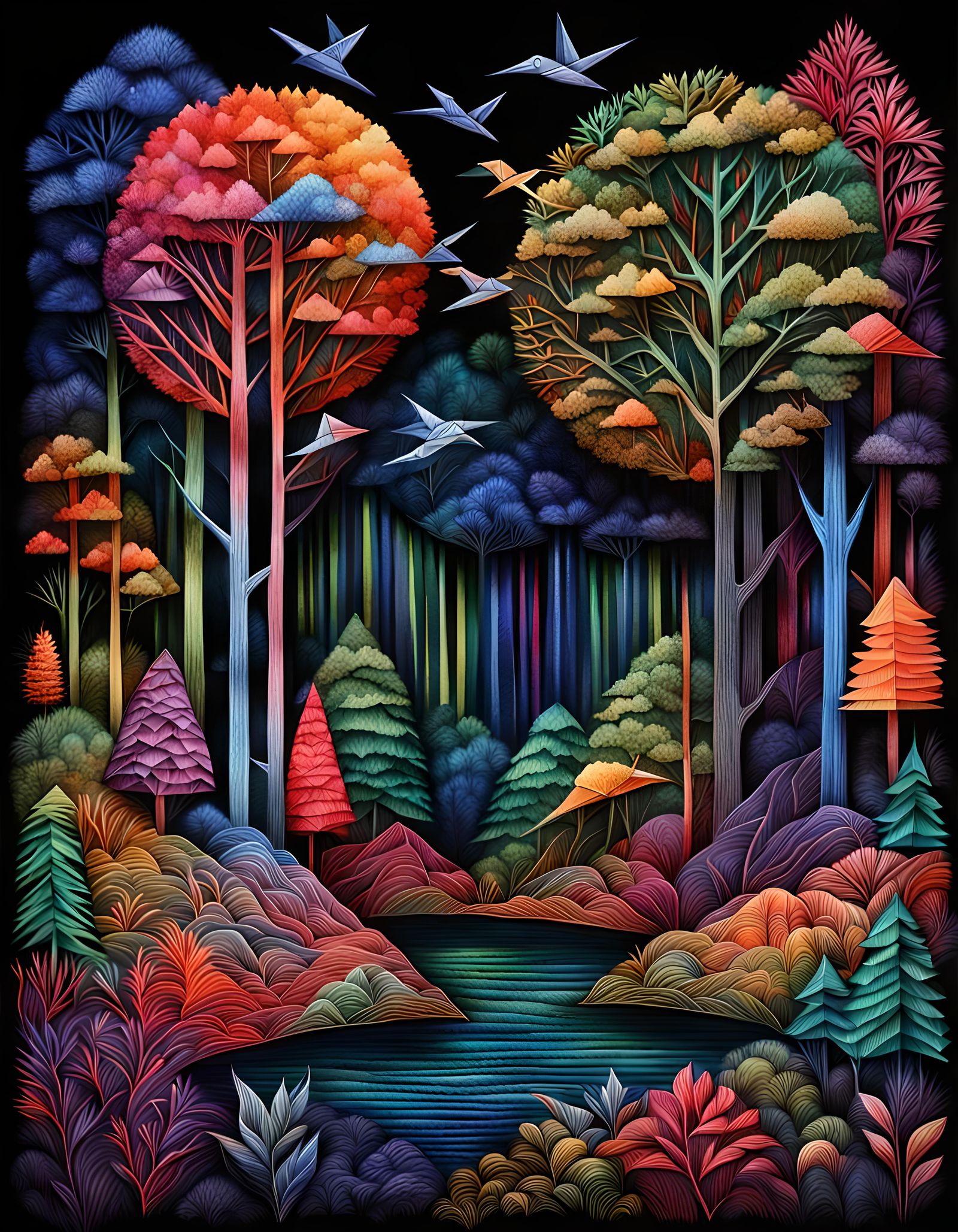 Colorful Origami Forest Landscape on Black Paper