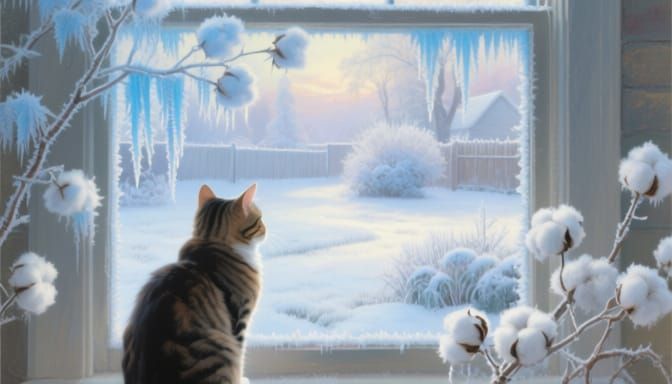 Cat Gazes at Frosty Winter Yard in Matte Painting Style