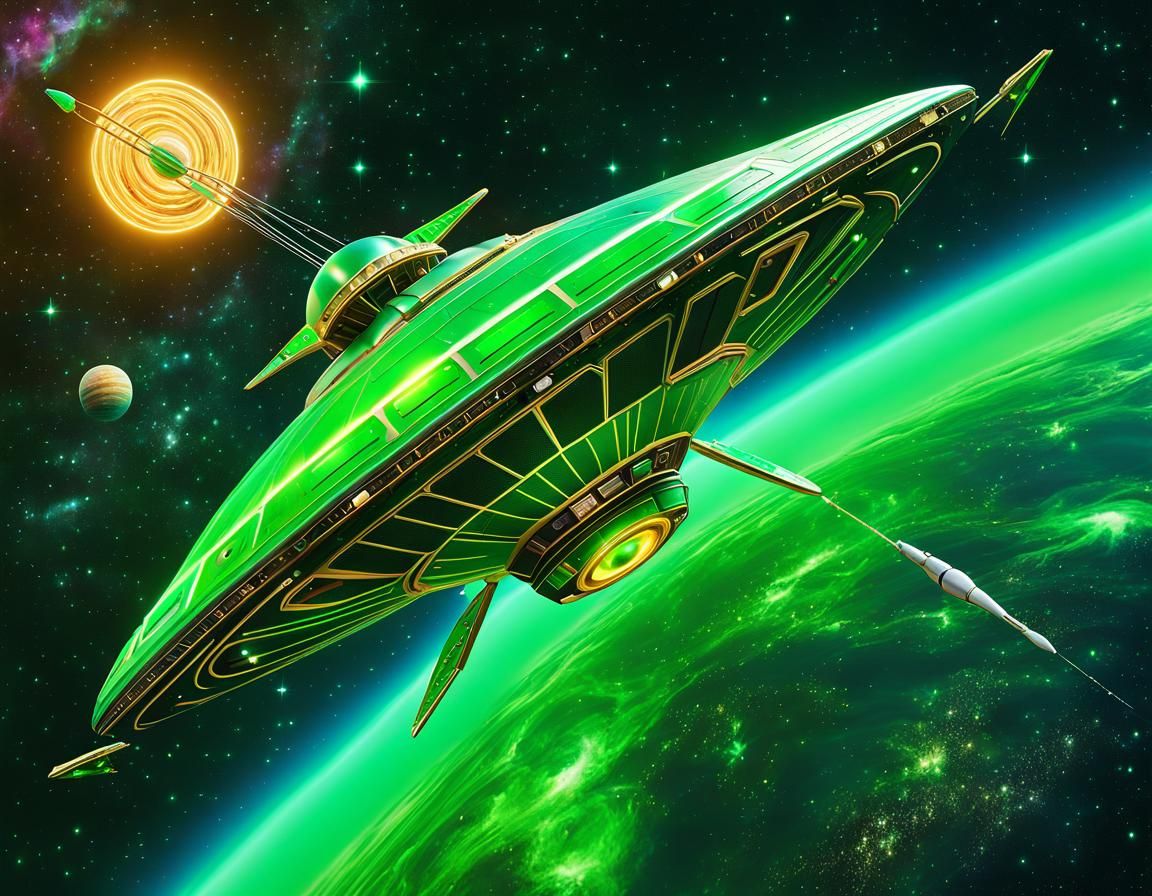 Gold and Green Spaceship Flying Through Nebula in Art Nouvea...