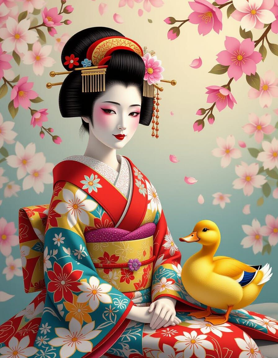 Patchwork Geisha Portrait with Duck in Floral Fantasy