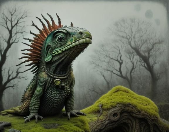 Dark Lizard Creature Shackled in Misty Environment