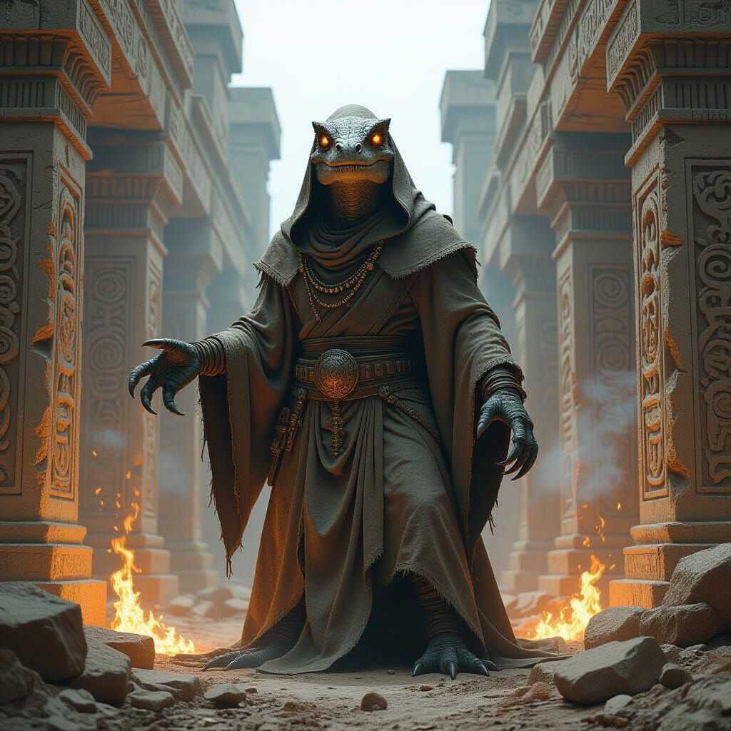 Alien Lizard Monk in Ancient Ruins