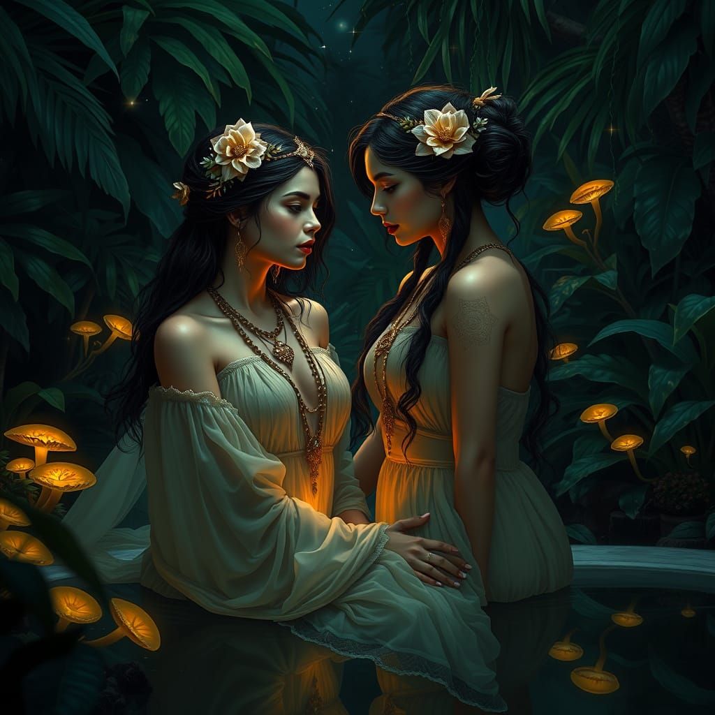 Jungle Oasis at Night, Illuminated by Bioluminescent Fungi a...