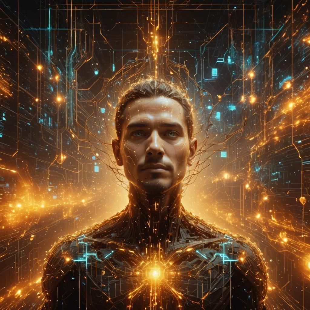 Bioluminescent AI Man Made of Code