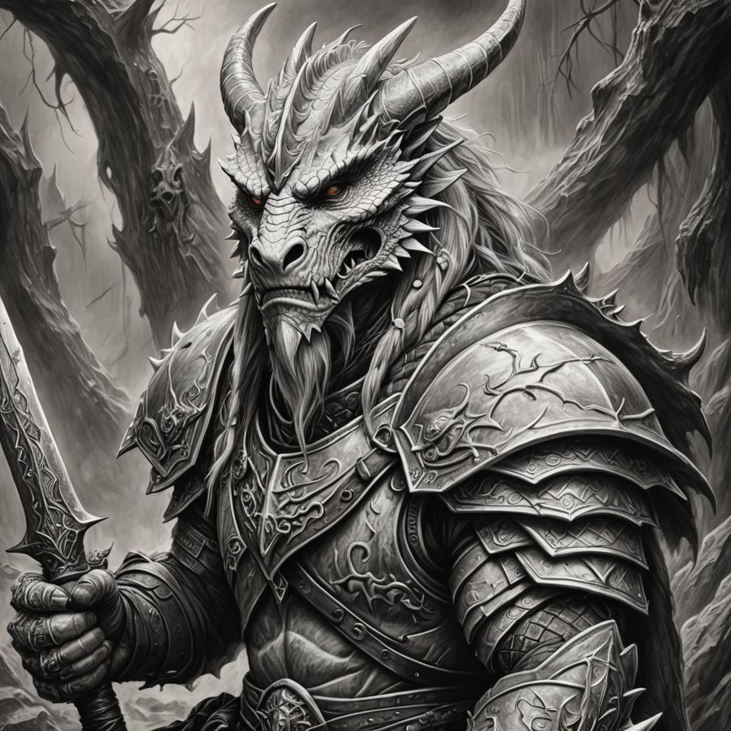 Detailed Charcoal Drawing of White Dragonborn Barbarian