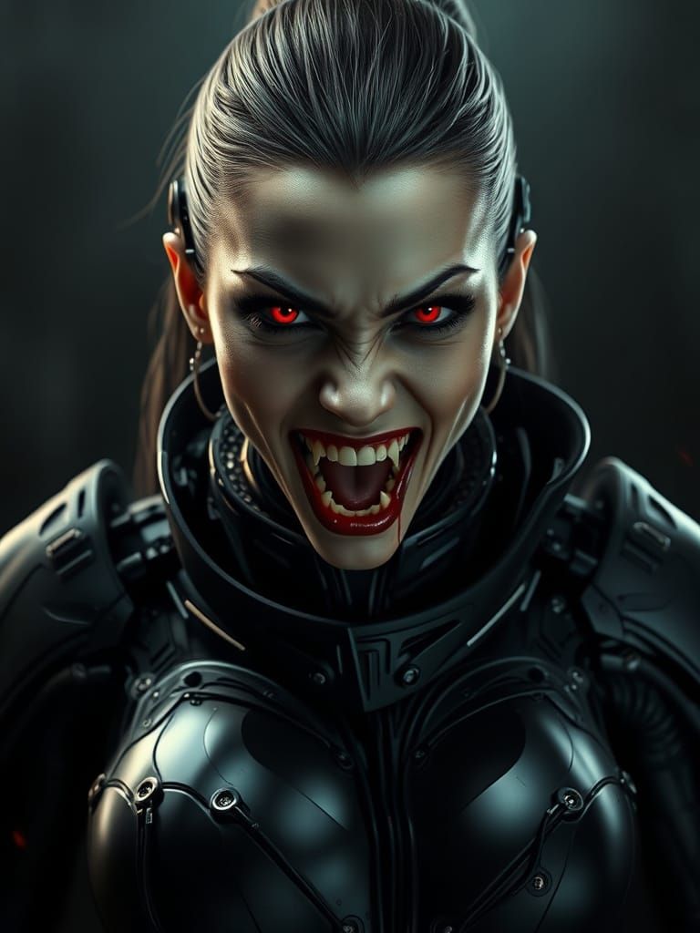 Cyborg Vampire Goddess in Futuristic Armor