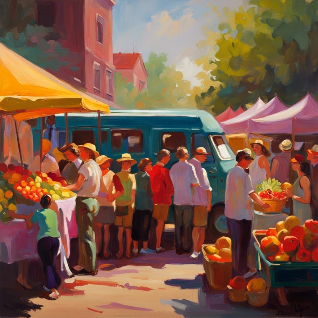 Psychedelic Van at Farmers' Market: Oil Painting