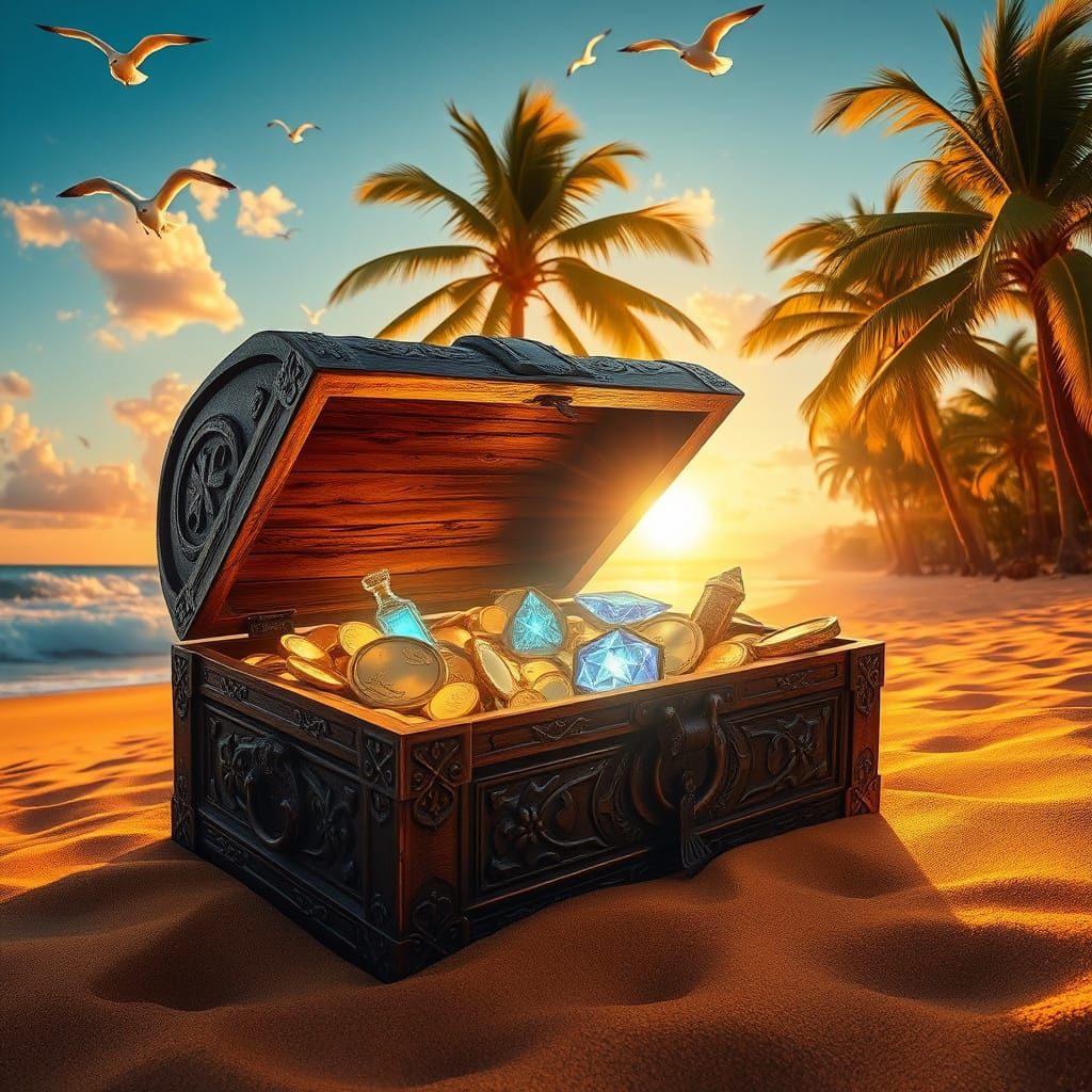 Sunken Treasure Chest on Tropical Beach at Sunset