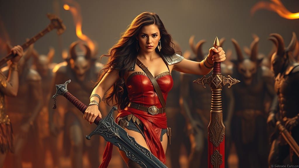 Amazon Warrior Confronts Underworld Ruler in Beksiński Style