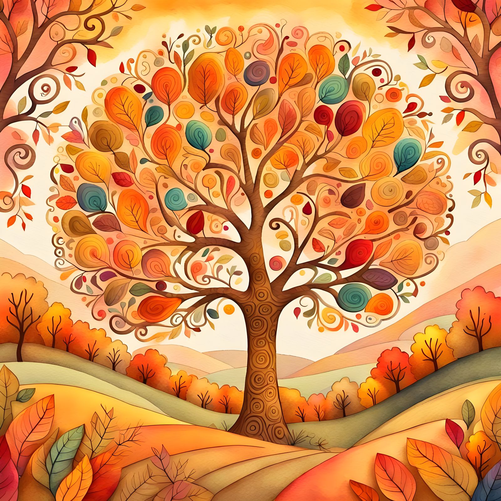 Autumnal Tree of Life in Watercolor Style