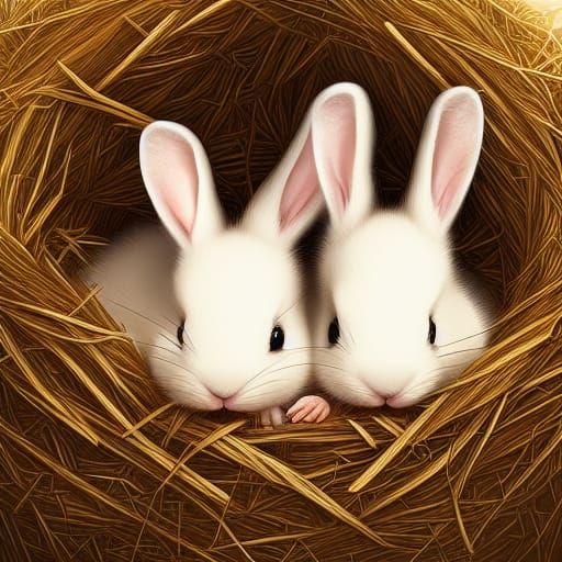 Fluffy Baby Rabbits in Anime Style Nest