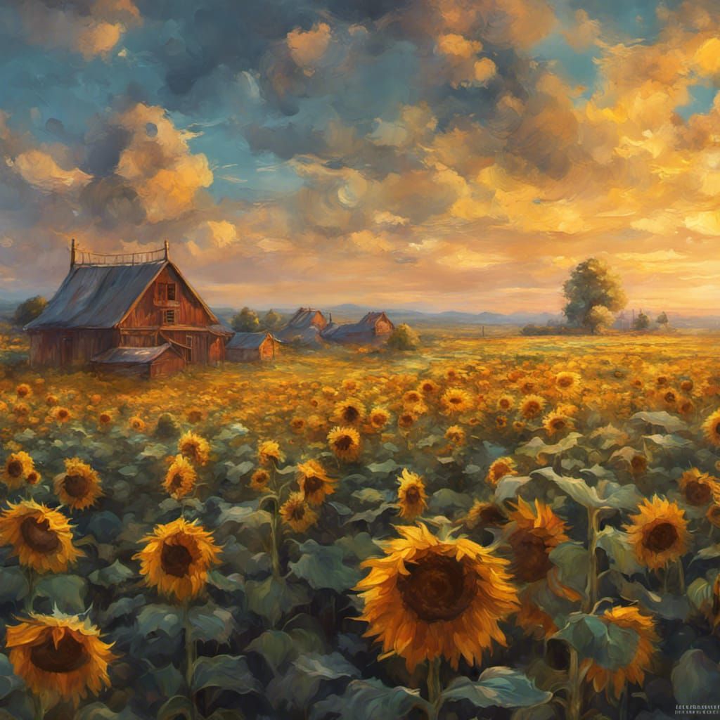Impressionistic Sunflower Field in Detailed Matte Painting