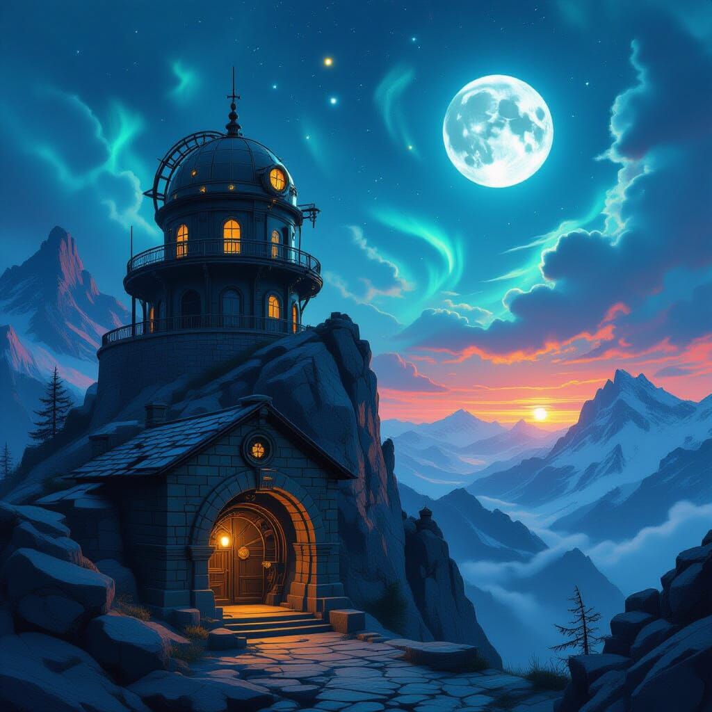 Steampunk Observatory on Mountain Peak Under Two Moons