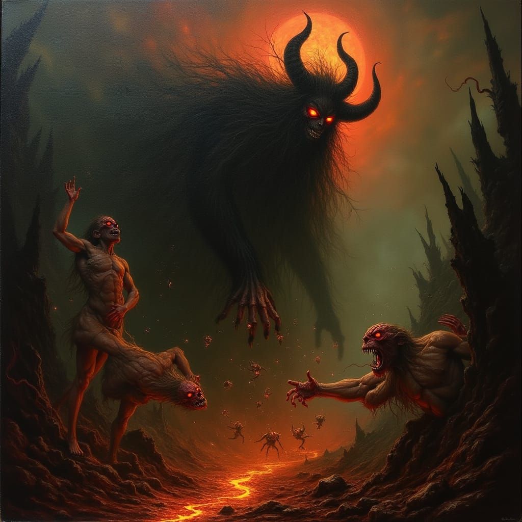 Gothic Oil Painting of Satan Plucking Souls