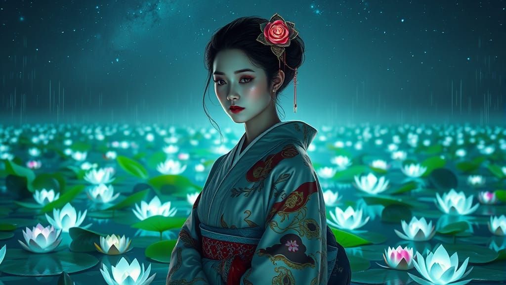 Geisha in Bioluminescent Field: Hyperrealistic Concept Art