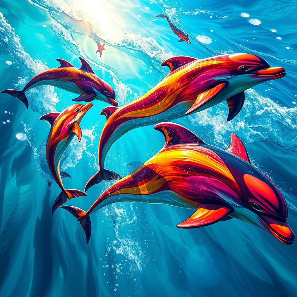 Rainbow Dolphins Leaping in Turquoise Ocean