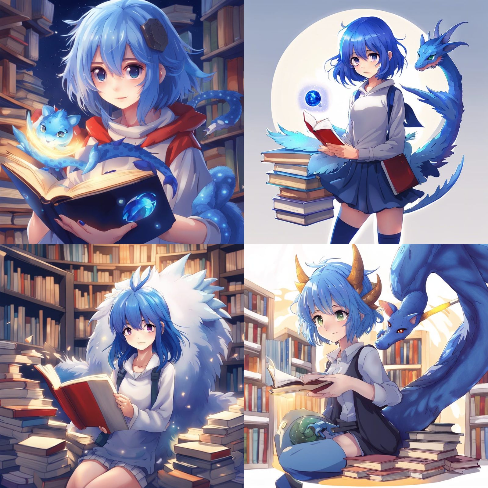 Anime Girl with Book Portals and Dragon
