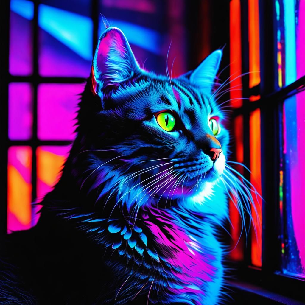 Psychedelic Cat Portrait in Neon Blacklight