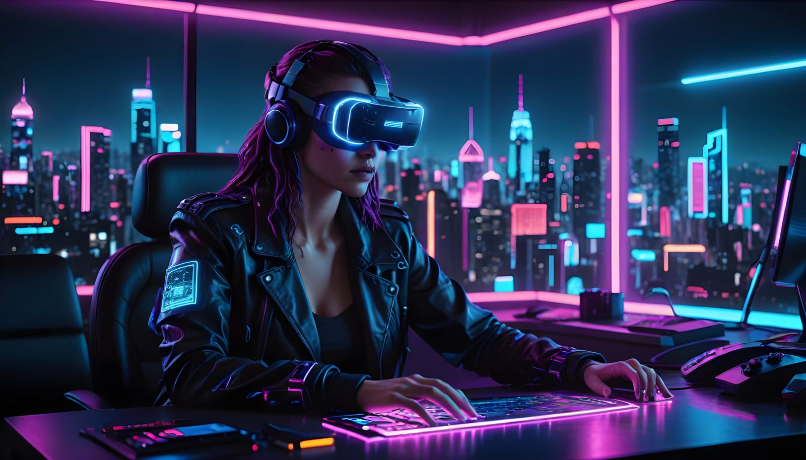 VR Headset on Desk with Cyberpunk Cityscape