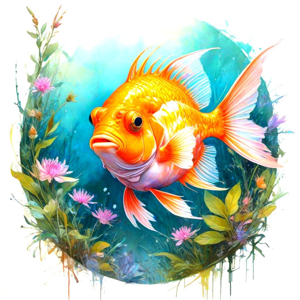 Vibrant Watercolour Painting of Serene Landscape with Whimsi...