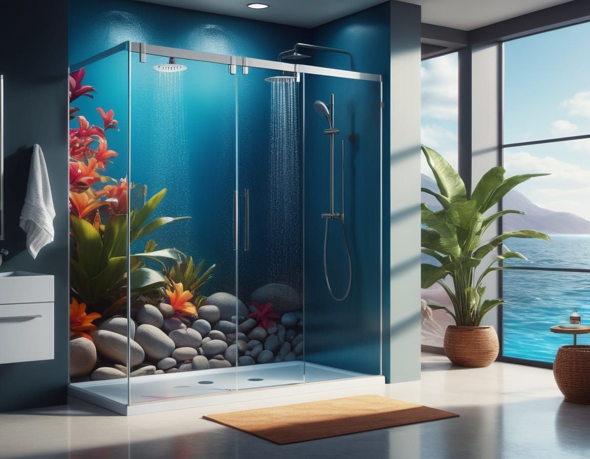 Surreal Tropical Oasis Shower Cubicle in Vibrant Oil Paintin...